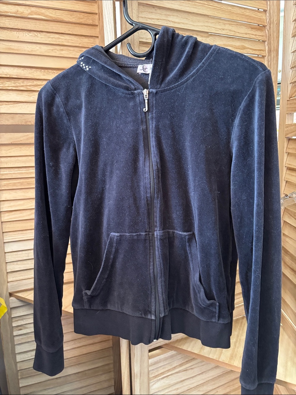 Juicy Couture Black Velour Zip Hoodie with Branded Zipper and Hood Medium